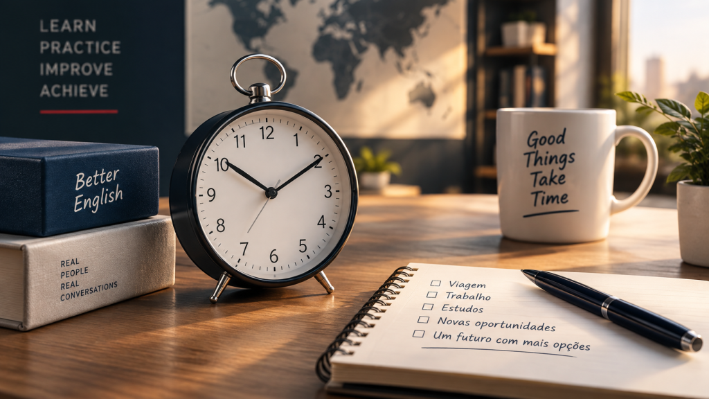Relógio, livros e caderno representando o tempo necessário para aprender inglês