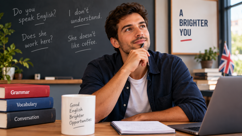 Estudante aprendendo inglês e estudando o uso de Do e Does