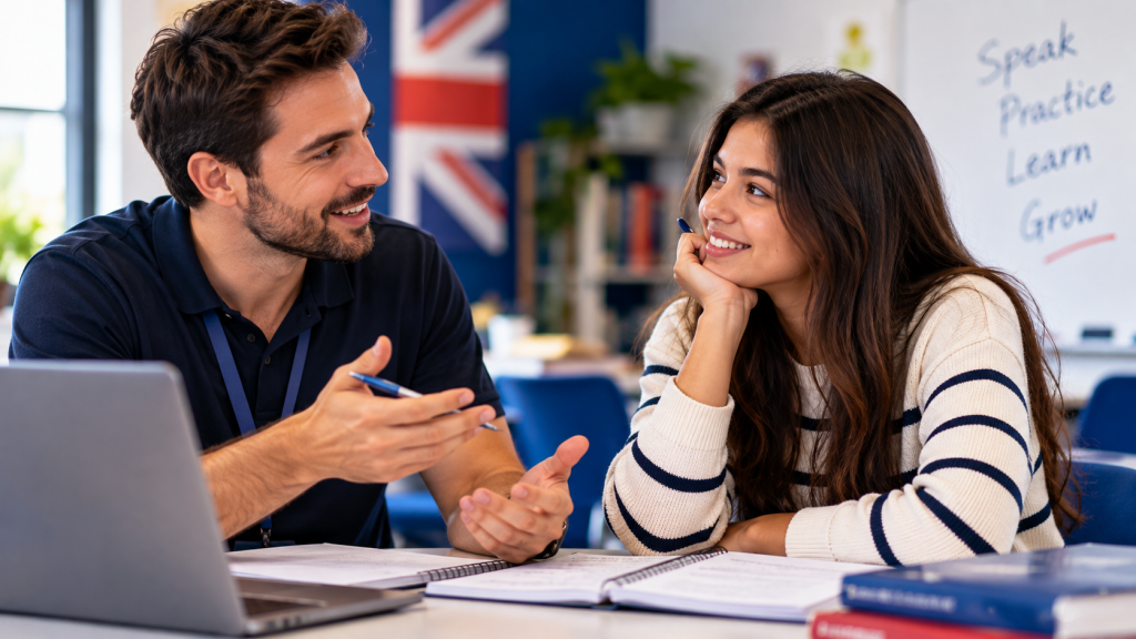 Professor conversando com aluna durante uma aula de inglês presencial
